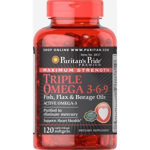 Omega 3-6-9, Omega 3-6-9 kala, Puritan's Pride, lina- ja kurgirohuõli, 120 kapslit