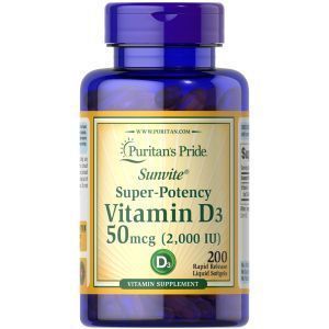 Витамин Д3, Vitamin D3, Puritan's Pride, 2000 МЕ, 200 капсул  