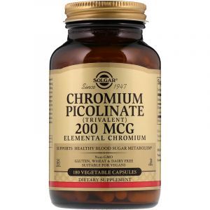 Хром пиколинат, Chromium Picolinate, Solgar, 200 мкг, 180 вегетарианских капсул
