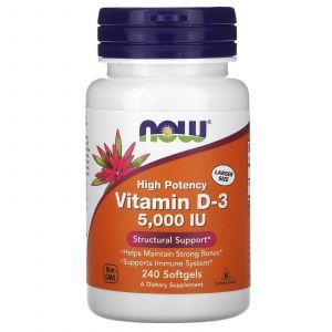 Витамин Д-3, Vitamin D-3, Now Foods, высокоэффективный, 125 мкг (5000 МЕ), 240 гелевых капсул
