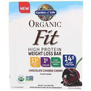 Батончики с растительным белком для похудения, Fit High Protein Bar, Garden of Life, вишня в шоколаде, органик, 12 шт. по 55 г