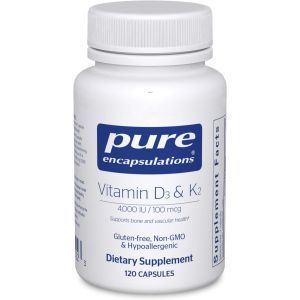 Витамины D3 и K2, Vitamin D3 & K2, Pure Encapsulations, поддержка здоровья костей и сосудов, 120 капсул