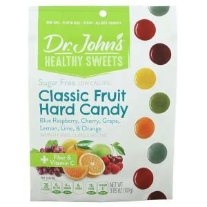 Леденцы с клетчаткой и витамином C, Classic Fruit Hard Candy, + Fiber & Vitamin C, Dr. John's Healthy Sweets, голубая малина, вишня, виноград, лимон, лайм и апельсин, веган, без сахара, 109 г