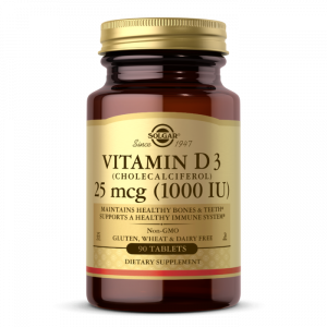 D3-vitamiin (kolekaltsiferool), D3-vitamiin, Solgar, 25 mcg (1000 RÜ), 90 tabletti