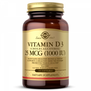 D3-vitamiin (kolekaltsiferool), D3-vitamiin, Solgar, 25 mcg (1000 RÜ), 100 kapslit