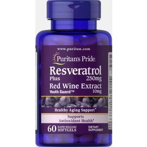 Ресвератрол, Resveratrol, Puritan's Pride, 250 мг, 60 гелевых капсул
