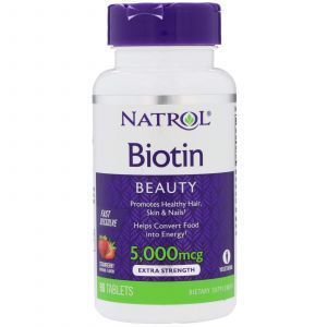 Биотин, Biotin, вкус клубники, Natrol, 5000 мкг, 90 таблет
