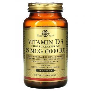 D3-vitamiin (kolekaltsiferool), D3-vitamiin, Solgar, 25 mcg (1000 RÜ), 250 kapslit