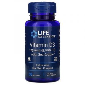 Витамин Д3, Vitamin D3, Life Extension, с йодом, 5000 МЕ (125 мкг), 60 капсул