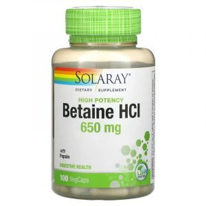Бетаин HCl + пепсин, Betaine HCL with Pepsin, Solaray, высокоэффективный, 650 мг, 100 вегетарианских капсул
