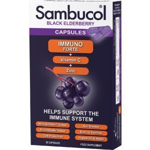 Черная бузина + Витамин С + Цинк, Black Elderberry Capsules, Immuno Forte, Sambucol, поддержка иммунитета, 30 капсул