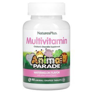 Мультивитамины и минералы для детей, Animal Parade Multivitamin, NaturesPlus, вкус арбуза, 90 жевательных конфет в форме животных
