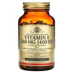 Витамин Е, Vitamin E, Solgar, натуральный, 268 мг (400 МЕ), 100 вегетарианских гелевых капсул
